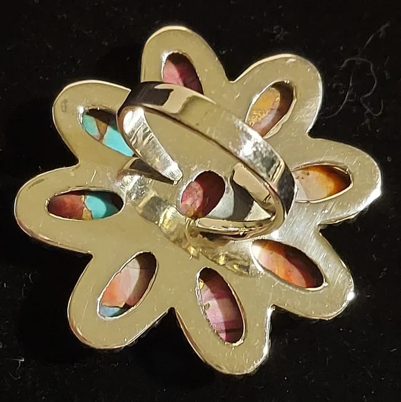 New Sterling Silver Large Flower Adjustable Ring in Pink Spiny Turquiose Dalia - Picture 8 of 8